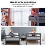 KINGSTON SLUMBER Single Bunk Bed Frame Solid Pine 2-in-1 Modular Design Converts to 2 Single Beds For Kids Grey