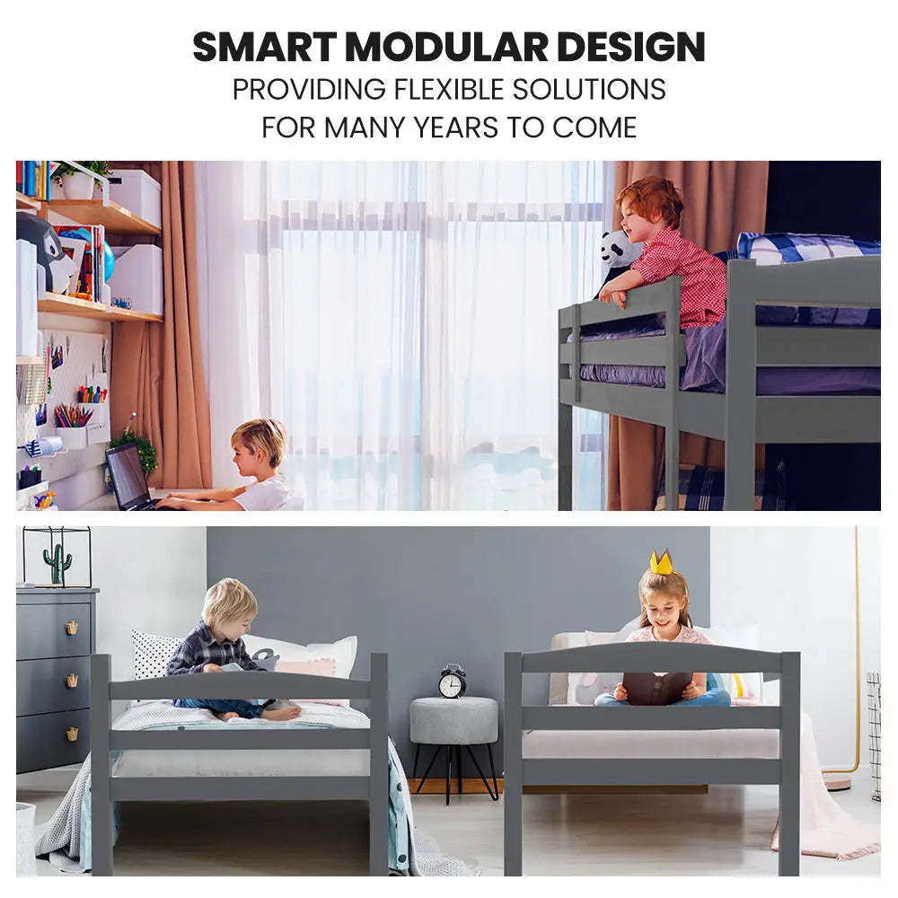 KINGSTON SLUMBER Single Bunk Bed Frame Solid Pine 2-in-1 Modular Design Converts to 2 Single Beds For Kids Grey