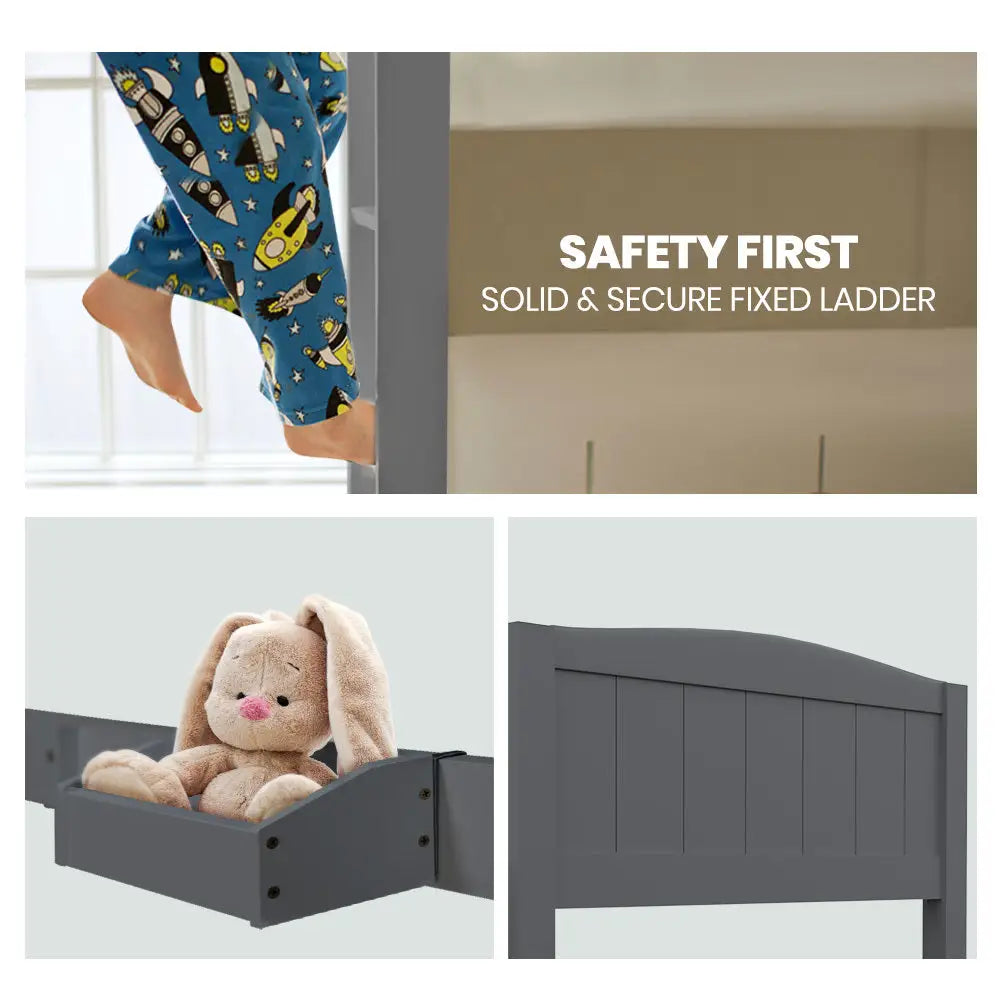 KINGSTON SLUMBER Single Bunk Bed Frame Solid Pine 2-in-1 Modular Design Convert to 2 Single Beds Grey - Furniture >