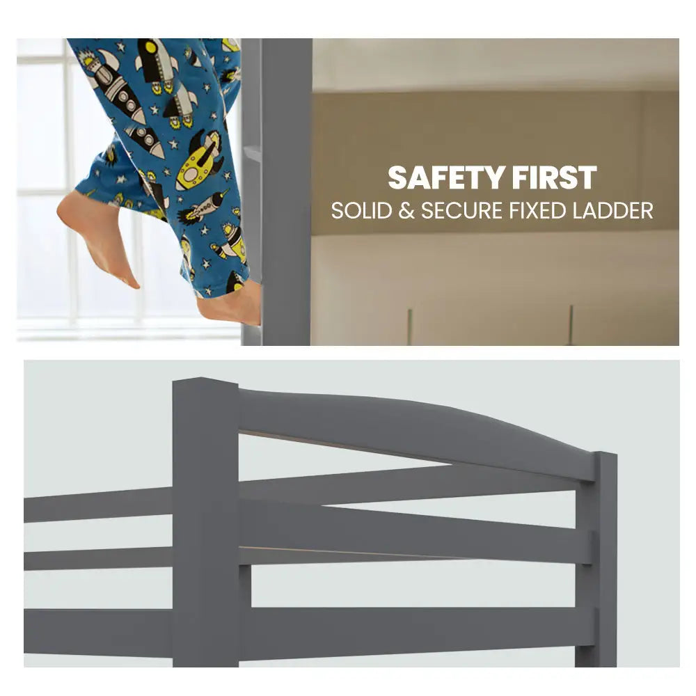 KINGSTON SLUMBER Single Bunk Bed Frame Solid Pine 2-in-1 Modular Design Converts to 2 Single Beds For Kids Grey