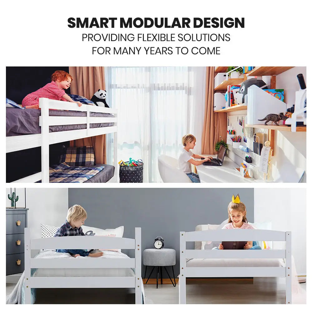 KINGSTON SLUMBER Single Bunk Bed Frame Solid Pine 2-in-1 Modular Design White - Furniture > Bedroom > Beds & Bed Frames