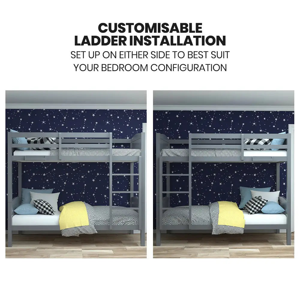 KINGSTON SLUMBER Single Bunk Bed Frame Solid Pine 2-in-1 Modular Design Convert to 2 Single Beds Grey - Furniture >