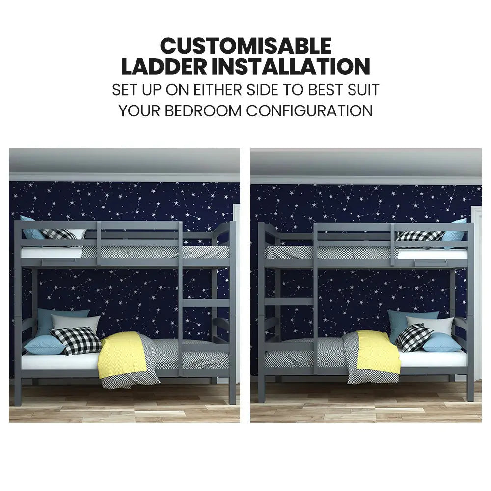 KINGSTON SLUMBER Single Bunk Bed Frame Solid Pine 2-in-1 Modular Design Converts to 2 Single Beds For Kids Grey