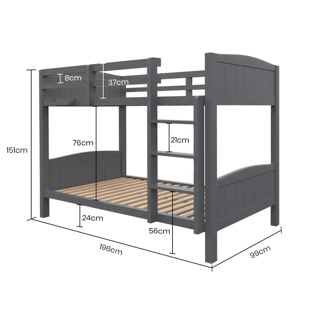 KINGSTON SLUMBER Single Bunk Bed Frame Solid Pine 2-in-1 Modular Design Convert to 2 Single Beds Grey - Furniture >
