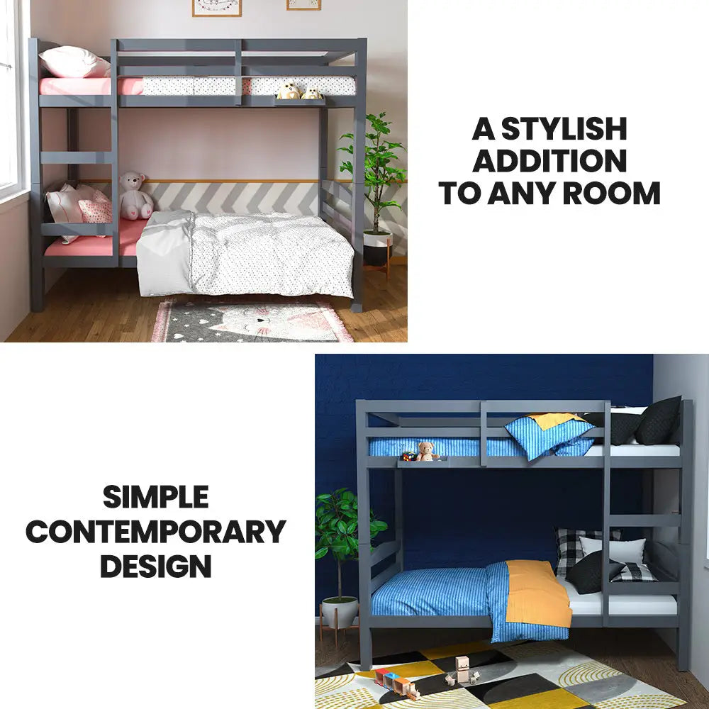 KINGSTON SLUMBER Single Bunk Bed Frame Solid Pine 2-in-1 Modular Design Converts to 2 Single Beds For Kids Grey