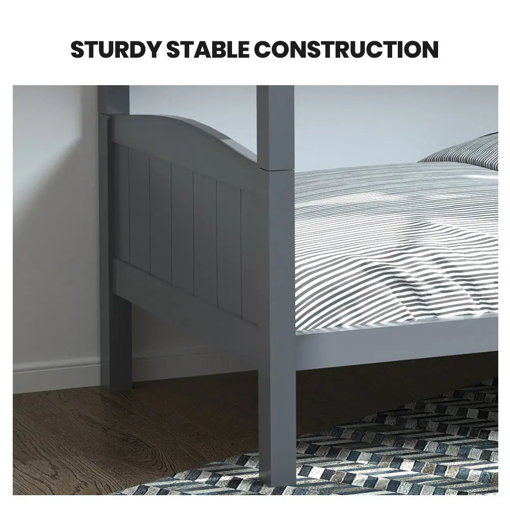 KINGSTON SLUMBER Single Bunk Bed Frame Solid Pine 2-in-1 Modular Design Convert to 2 Single Beds Grey - Furniture >