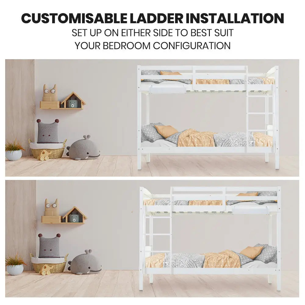 Kingston Slumber Single Bunk Bed Frame Solid Pine Wood Timber Modular Design White - Furniture > Bedroom > Beds & Bed