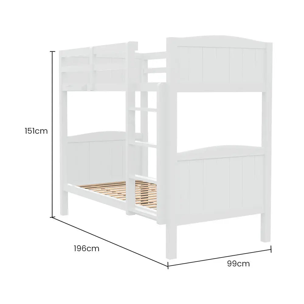 Kingston Slumber Single Bunk Bed Frame Solid Pine Wood Timber Modular Design White - Furniture > Bedroom > Beds & Bed