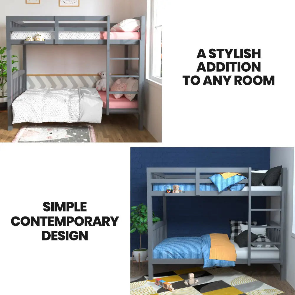 Kingston Slumber Single Bunk Bed Frame Solid Pine Wood Timber Modular Design Grey - Furniture > Bedroom > Beds & Bed