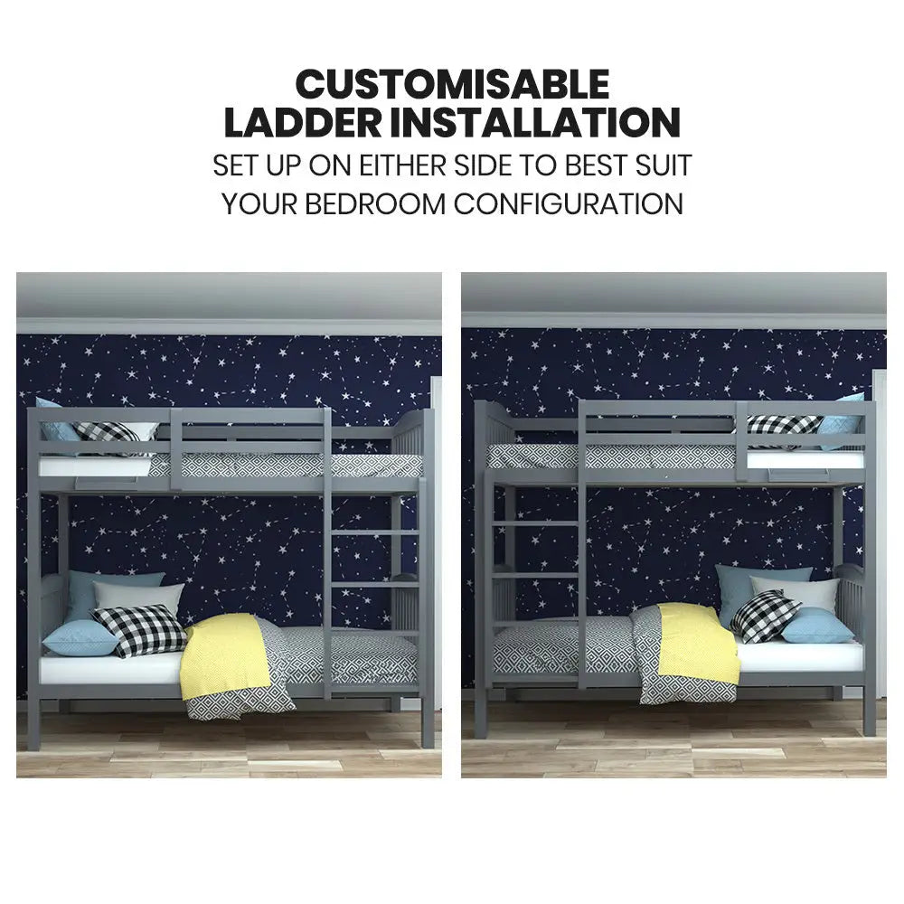 Kingston Slumber Single Bunk Bed Frame Solid Pine Wood Timber Modular Design Grey - Furniture > Bedroom > Beds & Bed