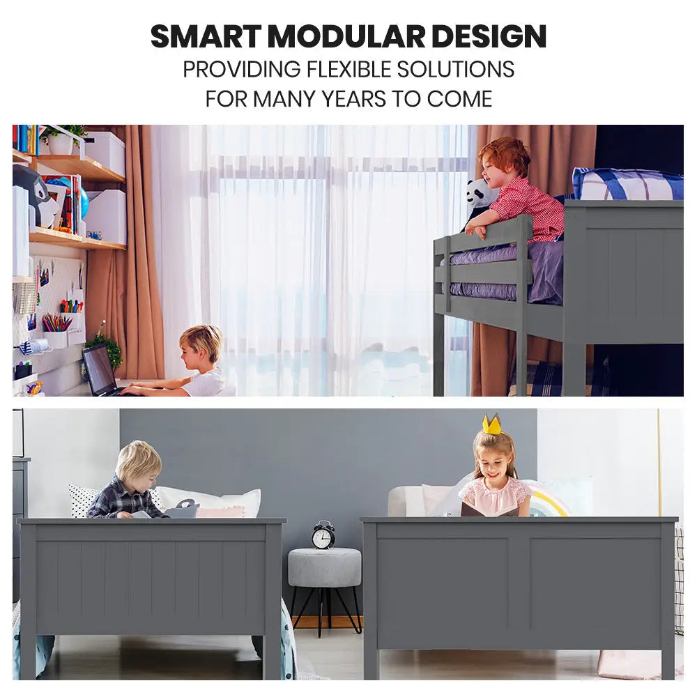 Kingston Slumber Triple Wooden Single Over Double Bunk Bed Frame for Kids Convertible Design Grey - Furniture > Bedroom
