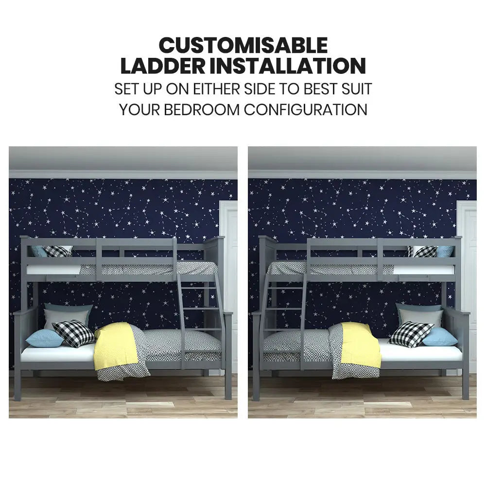 Kingston Slumber Triple Wooden Single Over Double Bunk Bed Frame for Kids Convertible Design Grey - Furniture > Bedroom