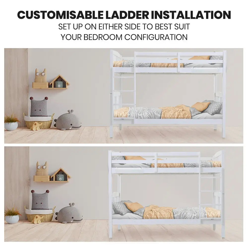 Kingston Slumber Wooden Kids Bunk Bed Frame with Modular Design that can convert to 2 Single White - Furniture >