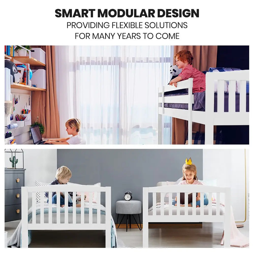Kingston Slumber Wooden Kids Bunk Bed Frame with Modular Design that can convert to 2 Single White - Furniture >