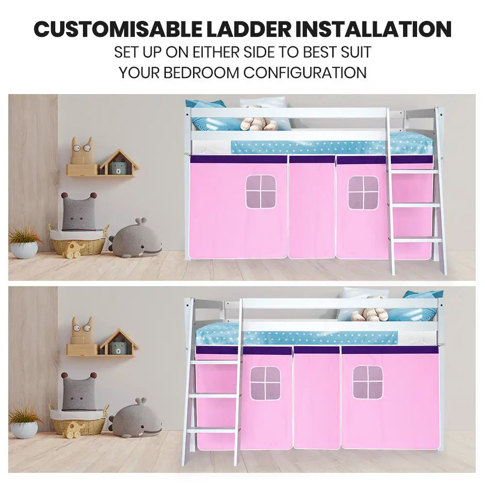 Kingston Slumber Wooden Kids Single Loft Bed Frame - Hiding Space Underneath with Interchangeable Pink and Blue