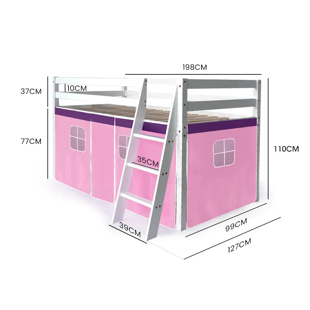 Kingston Slumber Wooden Kids Single Loft Bed Frame - Hiding Space Underneath with Interchangeable Pink and Blue
