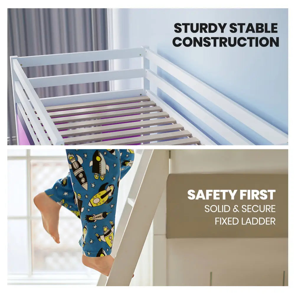 Kingston Slumber Wooden Kids Single Loft Bed Frame - Hiding Space Underneath with Interchangeable Pink and Blue