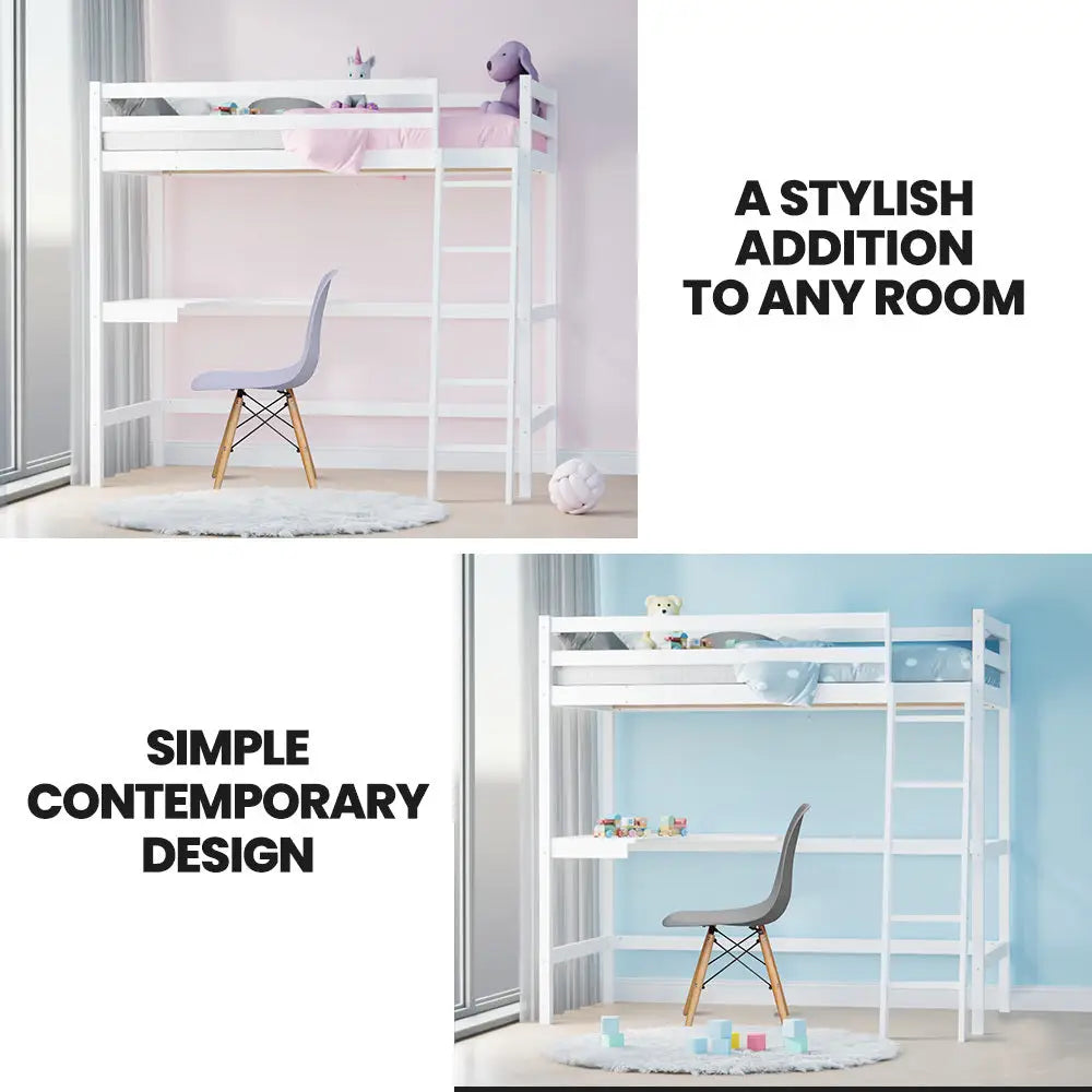 KINGSTON SLUMBER Wooden Kids Single Loft Bed Frame with Desk - White - Furniture > Bedroom > Beds & Bed Frames