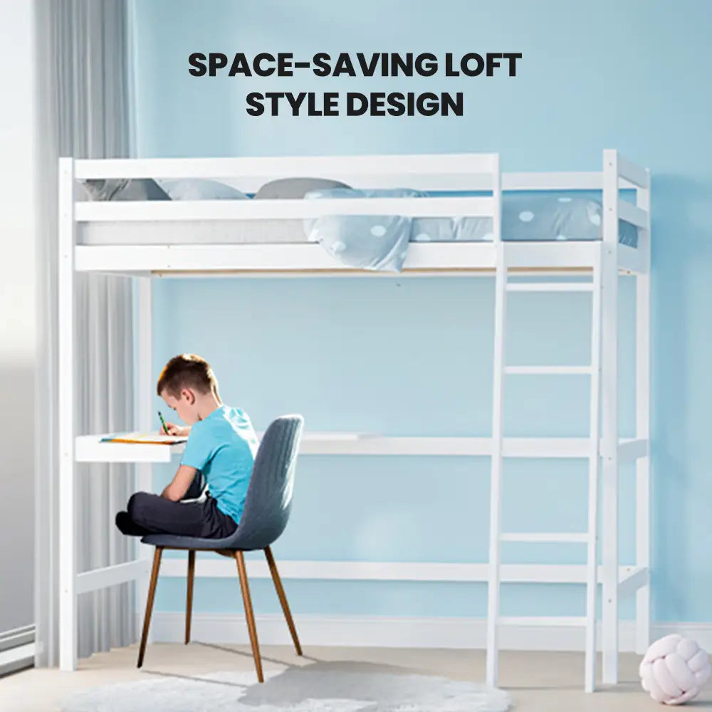 KINGSTON SLUMBER Wooden Kids Single Loft Bed Frame with Desk - White - Furniture > Bedroom > Beds & Bed Frames