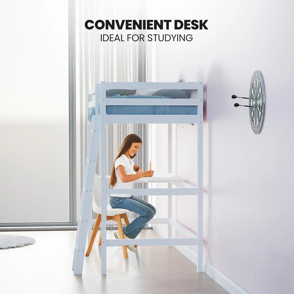 KINGSTON SLUMBER Wooden Kids Single Loft Bed Frame with Desk - White - Furniture > Bedroom > Beds & Bed Frames