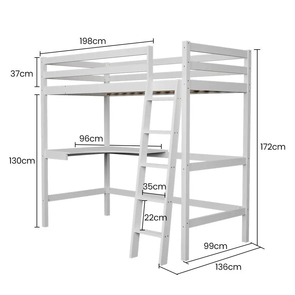 KINGSTON SLUMBER Wooden Kids Single Loft Bed Frame with Desk - White - Furniture > Bedroom > Beds & Bed Frames