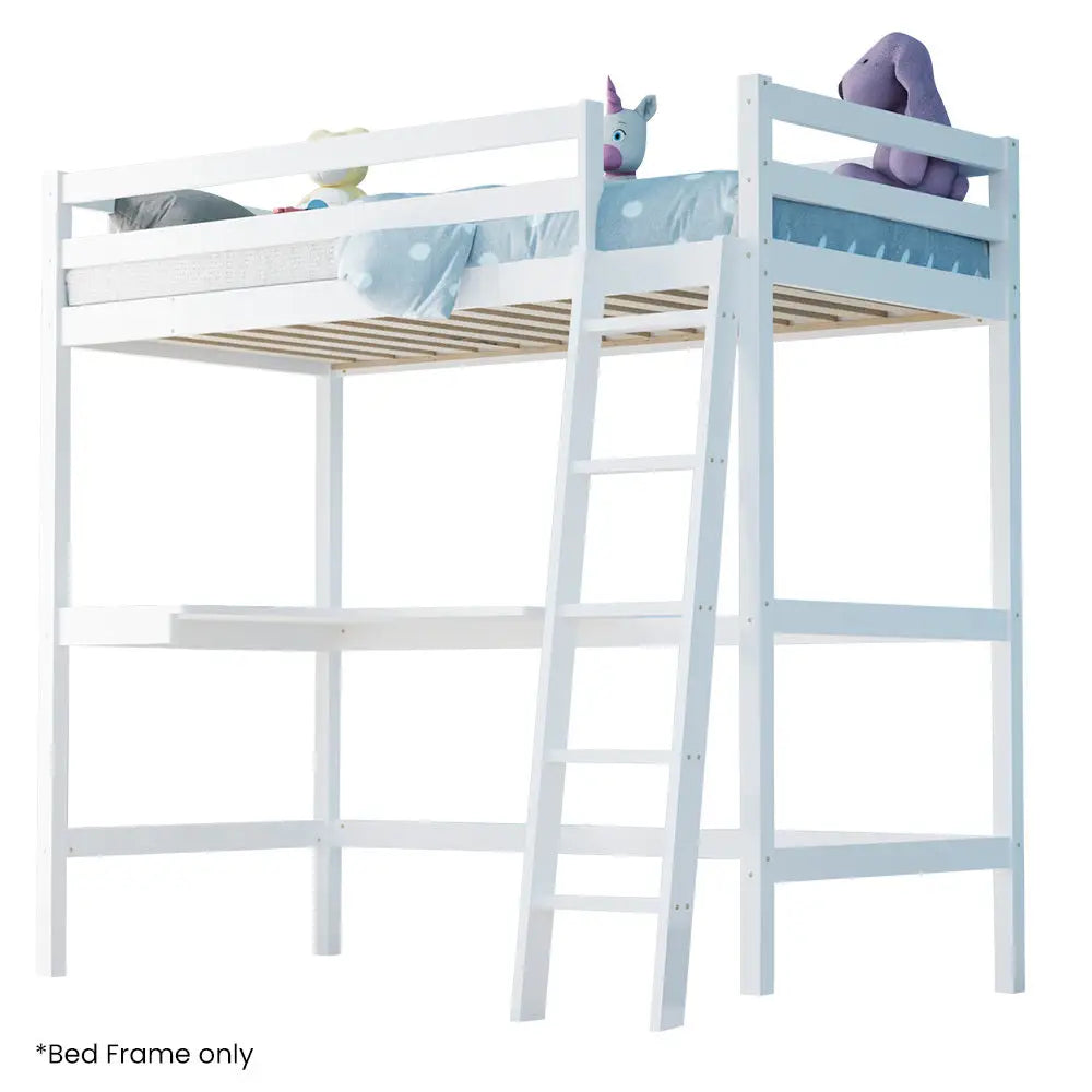 KINGSTON SLUMBER Wooden Kids Single Loft Bed Frame with Desk - White - Furniture > Bedroom > Beds & Bed Frames