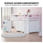KINGSTON SLUMBER Wooden Kids Single Loft Bed Frame with Pull Out Desk Storage Drawers Cabinet - White - Furniture >