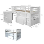 KINGSTON SLUMBER Wooden Kids Single Loft Bed Frame with Pull Out Desk Storage Drawers - White - Furniture > Bedroom >