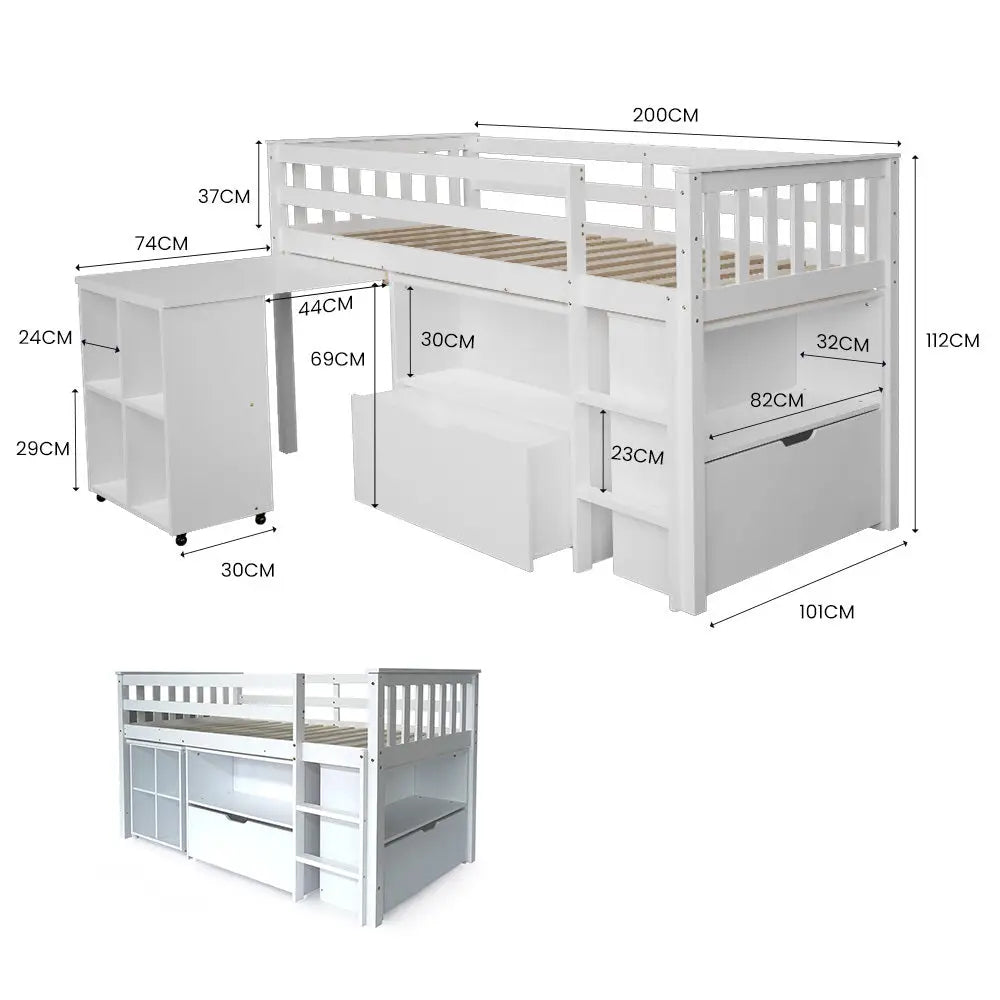 KINGSTON SLUMBER Wooden Kids Single Loft Bed Frame with Pull Out Desk Storage Drawers - White - Furniture > Bedroom >