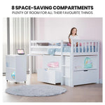 KINGSTON SLUMBER Wooden Kids Single Loft Bed Frame with Pull Out Desk Storage Drawers - White - Furniture > Bedroom >