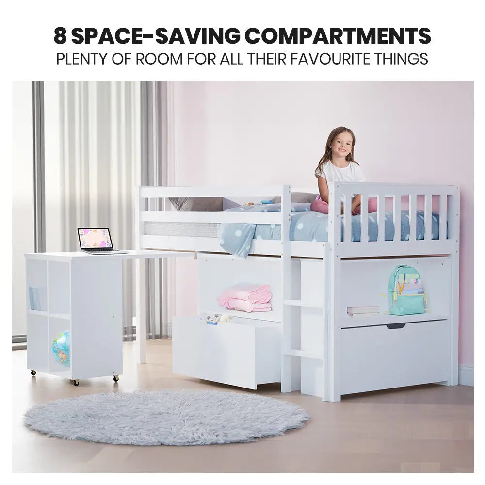KINGSTON SLUMBER Wooden Kids Single Loft Bed Frame with Pull Out Desk Storage Drawers - White - Furniture > Bedroom >
