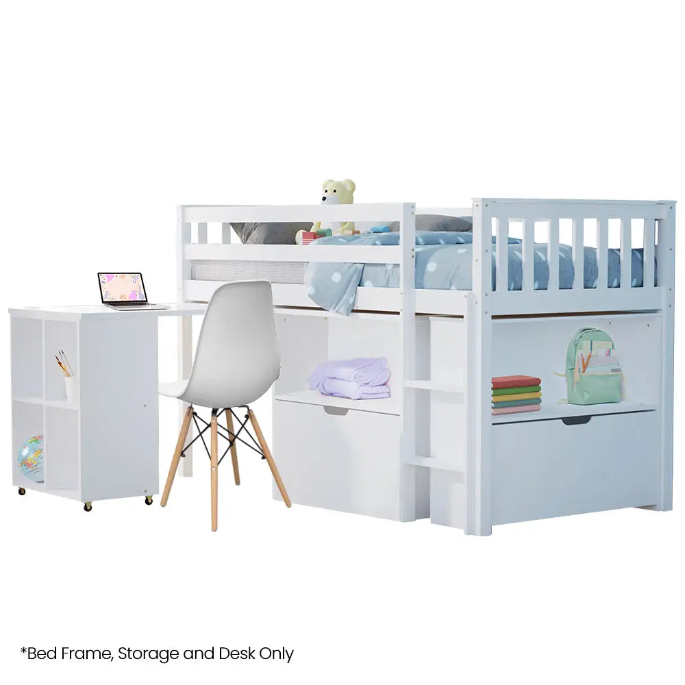 KINGSTON SLUMBER Wooden Kids Single Loft Bed Frame with Pull Out Desk Storage Drawers - White - Furniture > Bedroom >