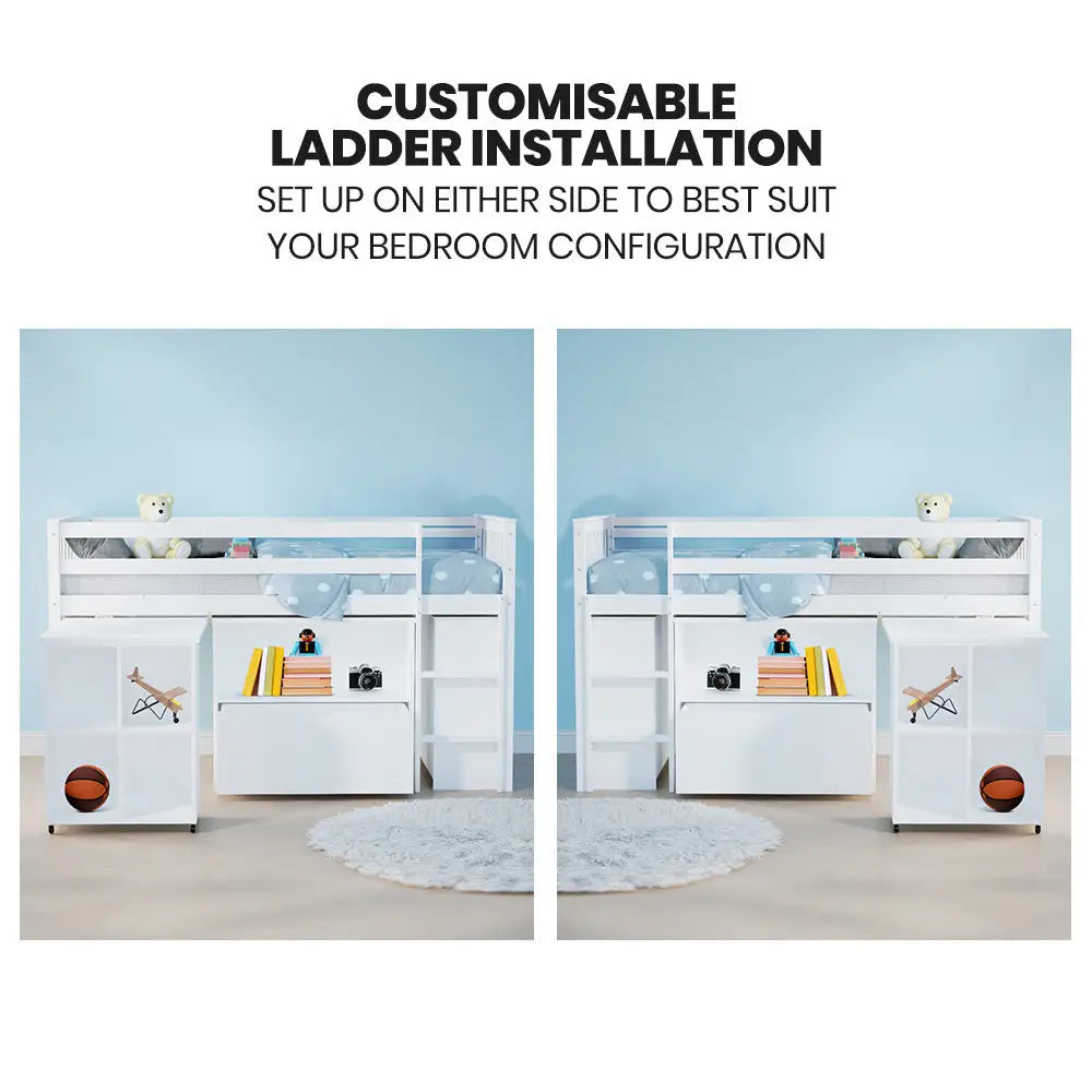 KINGSTON SLUMBER Wooden Kids Single Loft Bed Frame with Pull Out Desk Storage Drawers - White - Furniture > Bedroom >