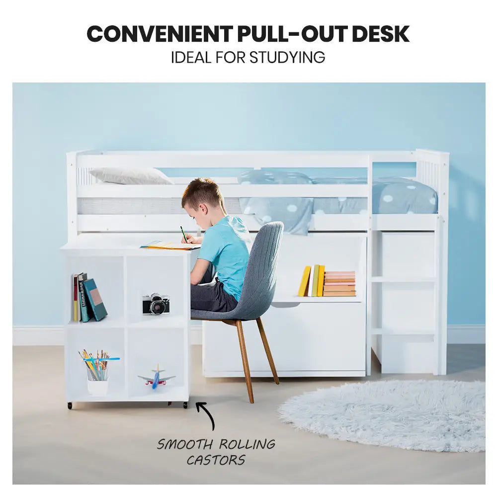 KINGSTON SLUMBER Wooden Kids Single Loft Bed Frame with Pull Out Desk Storage Drawers - White - Furniture > Bedroom >