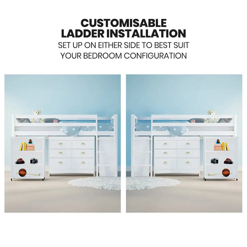 KINGSTON SLUMBER Wooden Kids Single Loft Bed Frame with Pull Out Desk Storage Drawers Cabinet - White - Furniture >