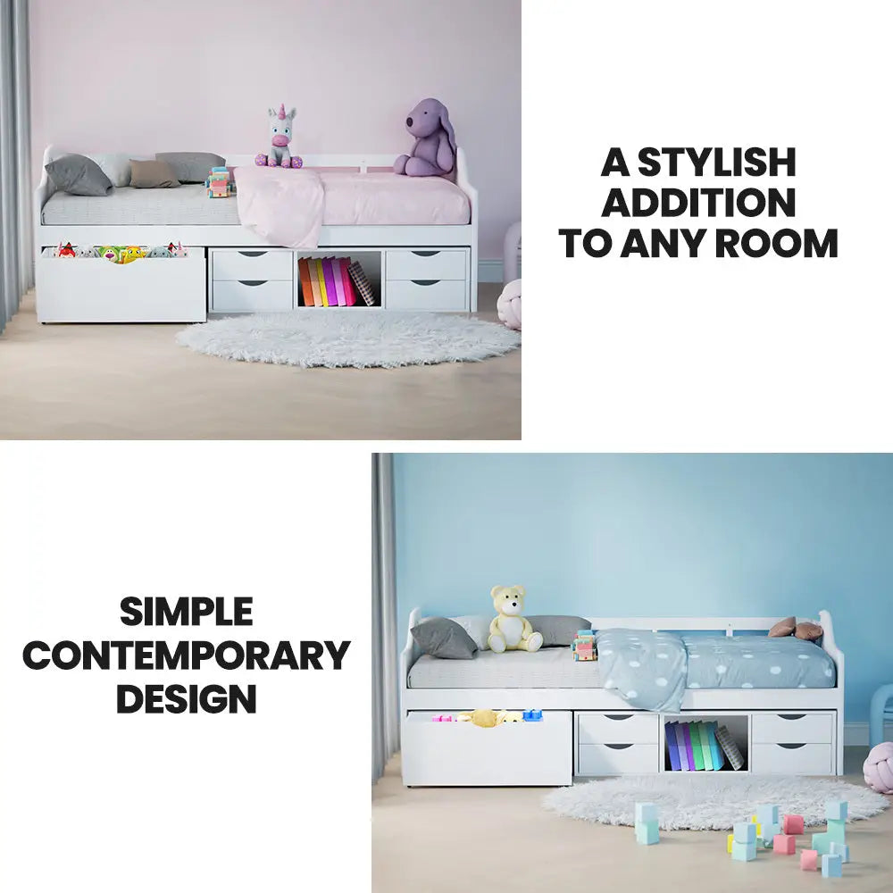 Kingston Slumber Wooden Single Sofa Bed Frame with Storage Drawers - White - Furniture > Bedroom > Beds & Bed Frames