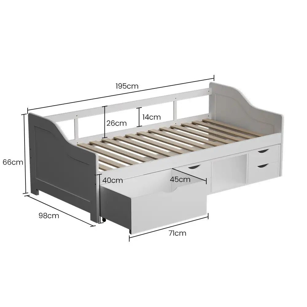 Kingston Slumber Wooden Single Sofa Bed Frame with Storage Drawers - White - Furniture > Bedroom > Beds & Bed Frames