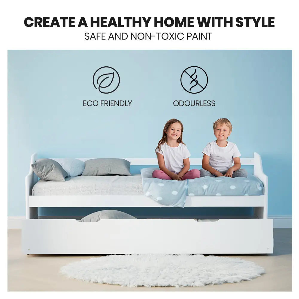KINGSTON SLUMBER Wooden Single Sofa Bed Frame with Trundle Underbed - White - Furniture > Bedroom > Beds & Bed Frames