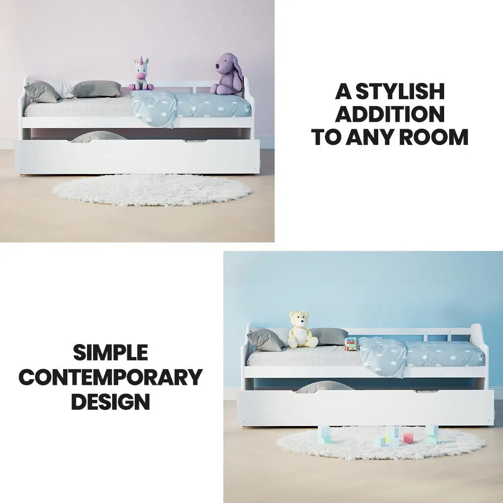 KINGSTON SLUMBER Wooden Single Sofa Bed Frame with Trundle Underbed - White - Furniture > Bedroom > Beds & Bed Frames