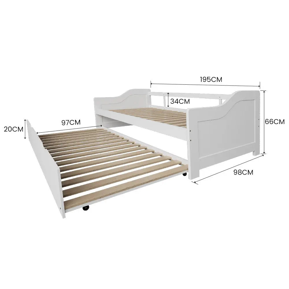 KINGSTON SLUMBER Wooden Single Sofa Bed Frame with Trundle Underbed - White - Furniture > Bedroom > Beds & Bed Frames