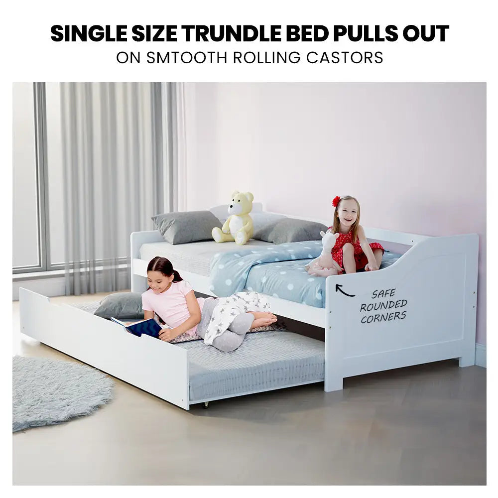 KINGSTON SLUMBER Wooden Single Sofa Bed Frame with Trundle Underbed - White - Furniture > Bedroom > Beds & Bed Frames