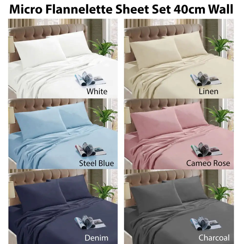 Kingtex Micro Flannelette Sheet Set 40 cm Wall Denim Single - Home & Garden > Bedding