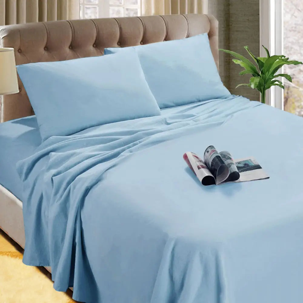 Kingtex Micro Flannelette Sheet Set 40 cm Wall Steel Blue Single - Home & Garden > Bedding