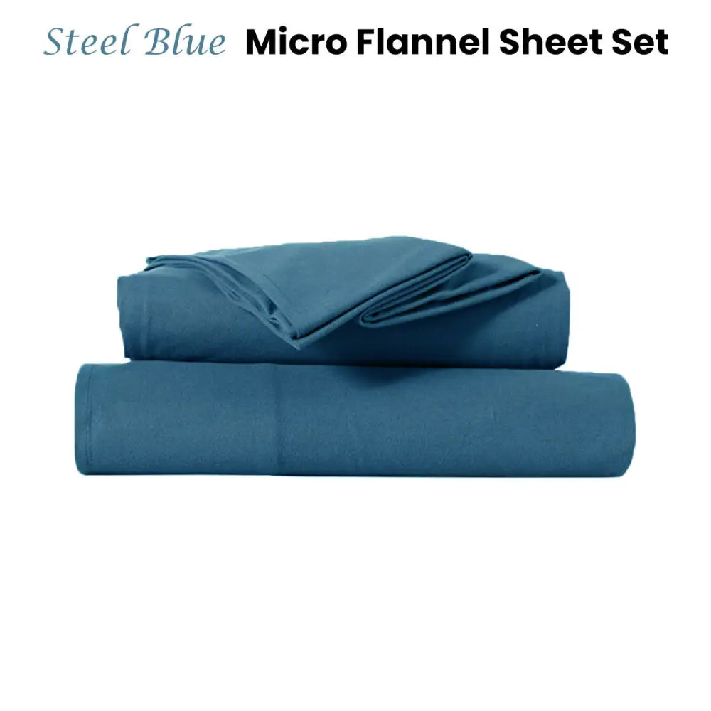 Kingtex Ultra-Soft Micro Flannel Sheet Set 40 cm Wall Steel Blue King Single - Home & Garden > Bedding > Bed Sheets