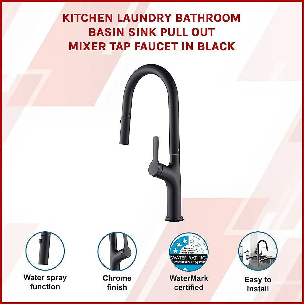 Kitchen Laundry Bathroom Basin Sink Pull Out Mixer Tap Faucet in Black - Furniture > Bathroom > Tap & Sink Accessories
