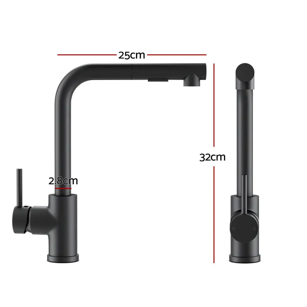 Kitchen Mixer Tap Pull Out Rectangle 2 Mode Sink Basin Faucet Swivel WELS Black - Furniture > Bathroom > Tap & Sink