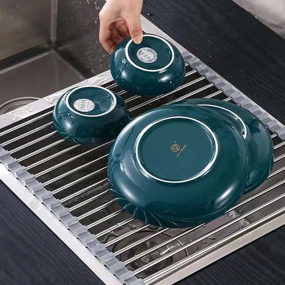Kitchen Roll-Up Dish Drying Rack Foldable Drainer Over Sink 304-Stainless Steel(Medium:47*30cm) - Home & Garden >