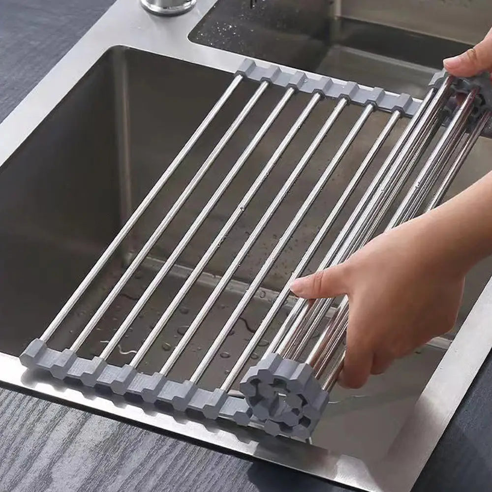 Kitchen Roll-Up Dish Drying Rack Foldable Drainer Over Sink 304-Stainless Steel(Medium:47*30cm) - Home & Garden >