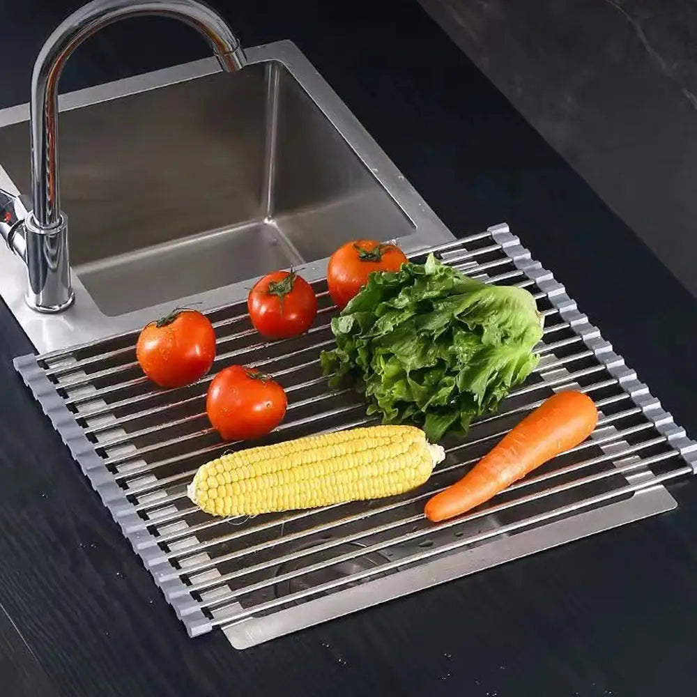 Kitchen Roll-Up Dish Drying Rack Foldable Drainer Over Sink 304-Stainless Steel(Medium:47*30cm) - Home & Garden >