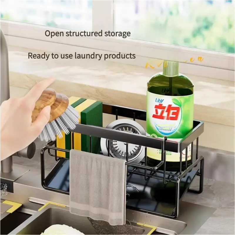 Kitchen Sink Caddy Organizer with Towel Bar & Drain Tray - Durable Metal Sponge Holder(Black) - Home & Garden >